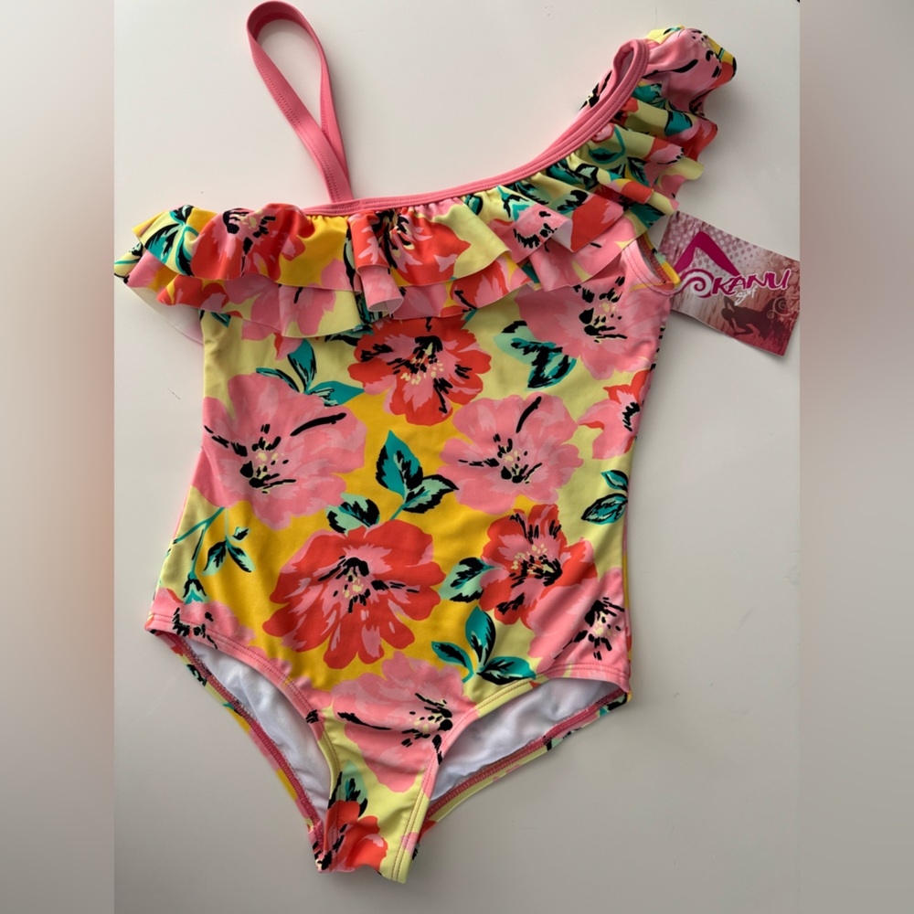 NWT Kanu Flower Power Pink and Yellow One Piece Swimsuit with Ruffled Trim